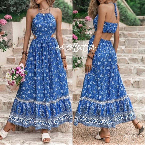 Boho Floral Paisley Print Cutout Halter Maxi Dress - Picture 4 of 13